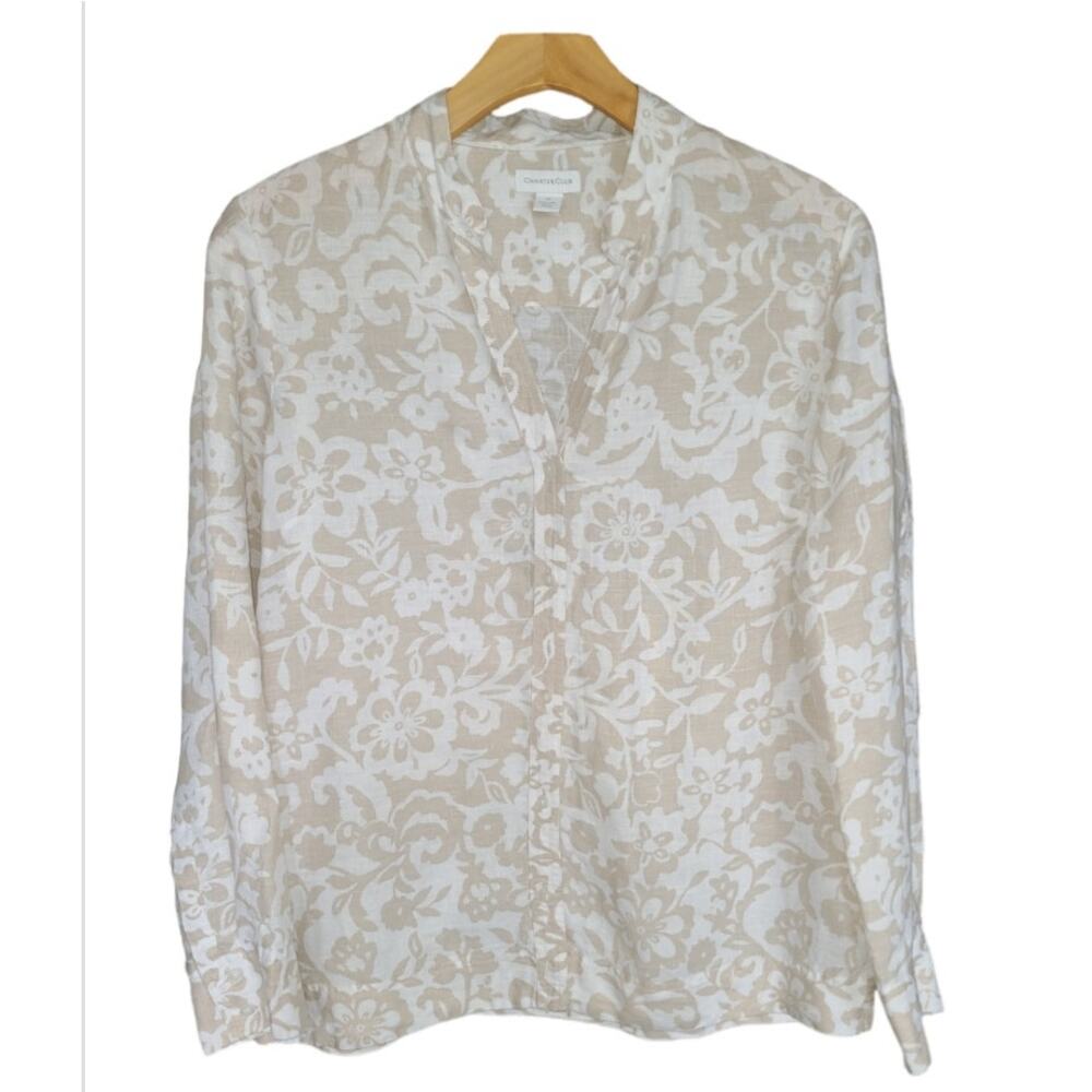 Charter Club Linen Floral Button-Up Top Size 14 Roll Tab V-Neck Beige White EUC